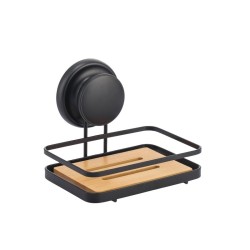 Salle d'ô - Porte savon en noir mat et bambou - méga ventouse